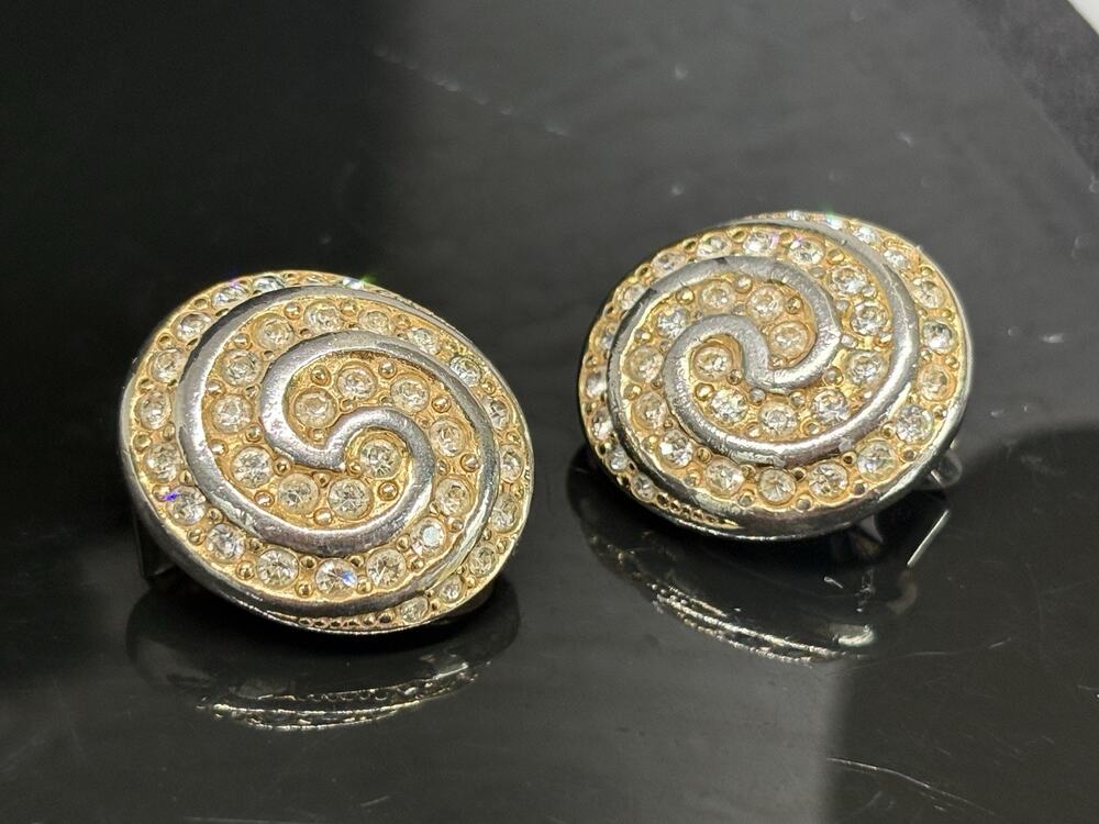 Vintage Christian Dior Clip On Earrings Two-Tone Rhinestone Swirl Gold Silver